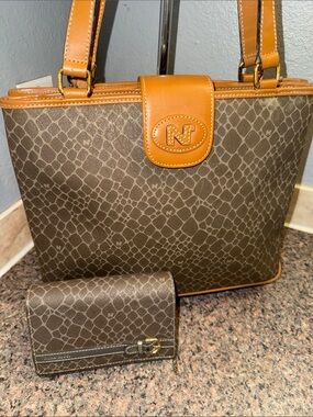 Nina Ricci Brown Monogram Tote with Tan Leather Trim